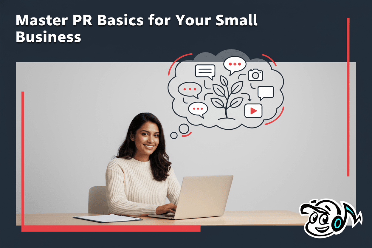 Small business owner confidently managing PR strategy on a laptop, surrounded by symbols of media relations, growth, and communication.