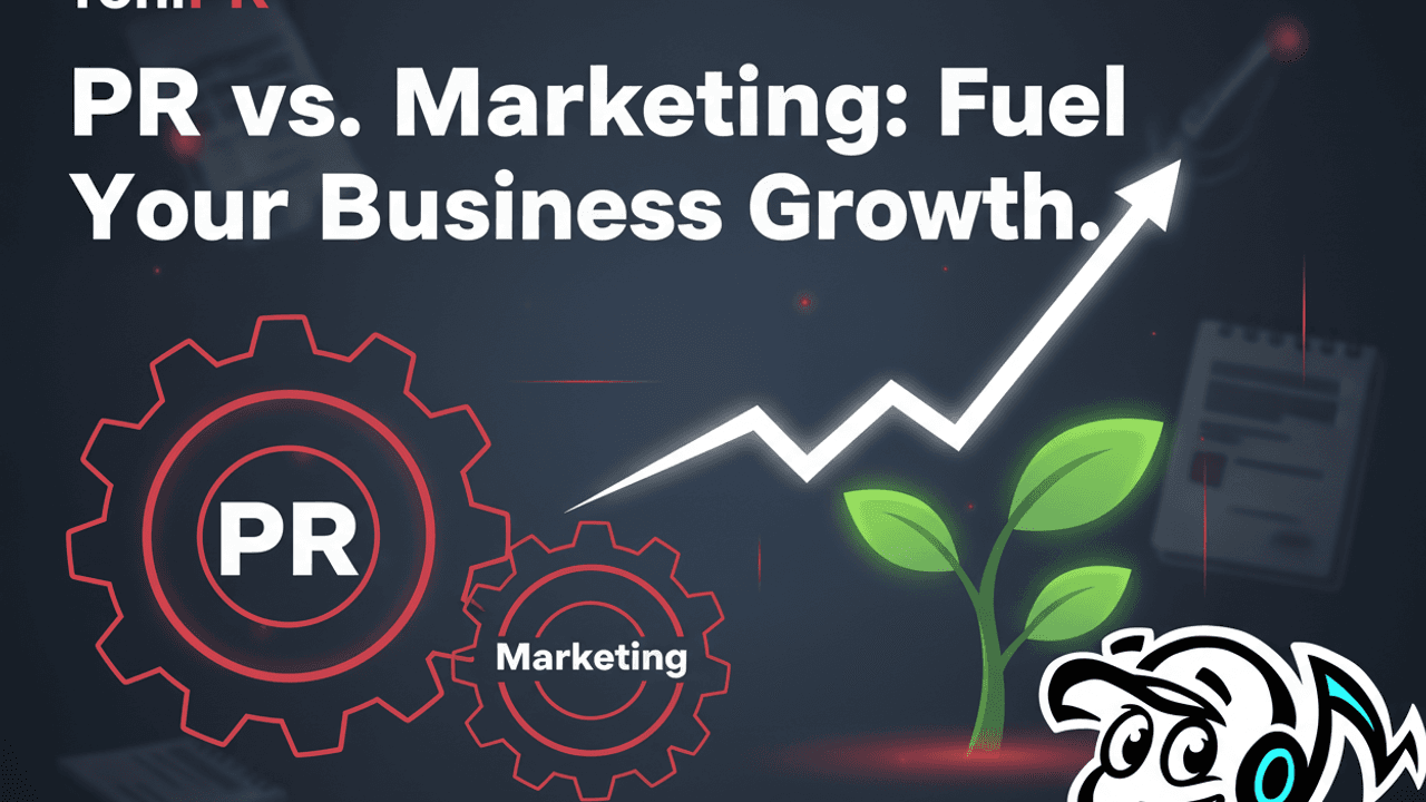 Illustration of PR and Marketing gears collaborating to drive business growth.