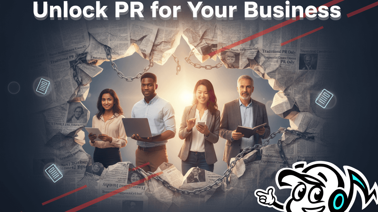 Small business owners confidently breaking through a wall of PR myths, symbolizing accessible and modern PR strategies.
