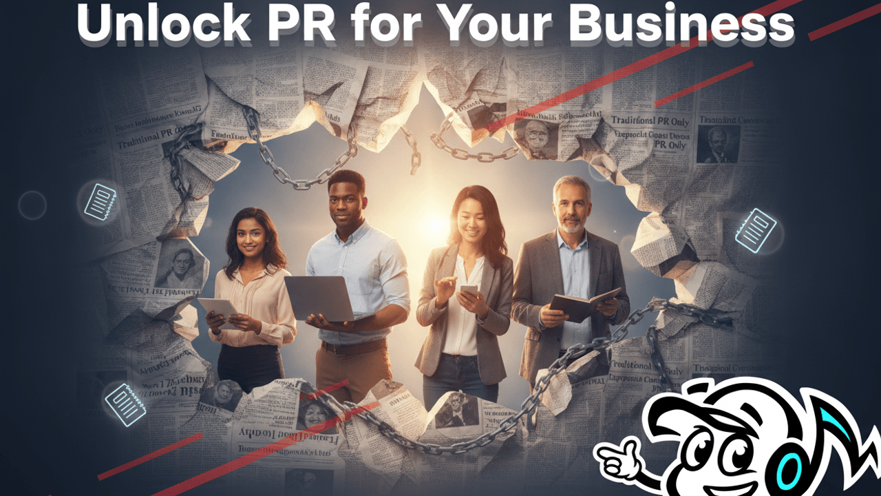 Small business owners confidently breaking through a wall of PR myths, symbolizing accessible and modern PR strategies.