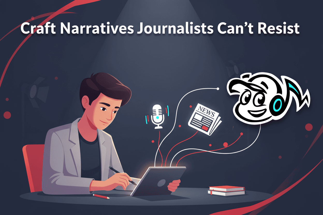 A founder crafting a compelling PR story for media outreach, with media icons in the background.