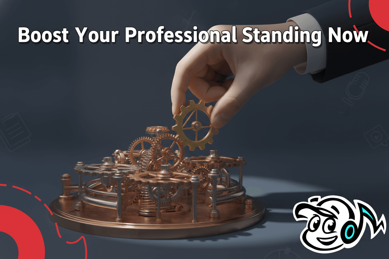 A hand carefully building a complex gear mechanism, symbolizing the meticulous process of building professional credibility and trust.
