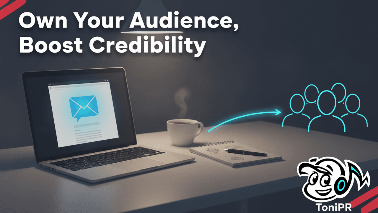 Professional's desk with a laptop showing an email newsletter, symbolizing direct audience connection and credibility.