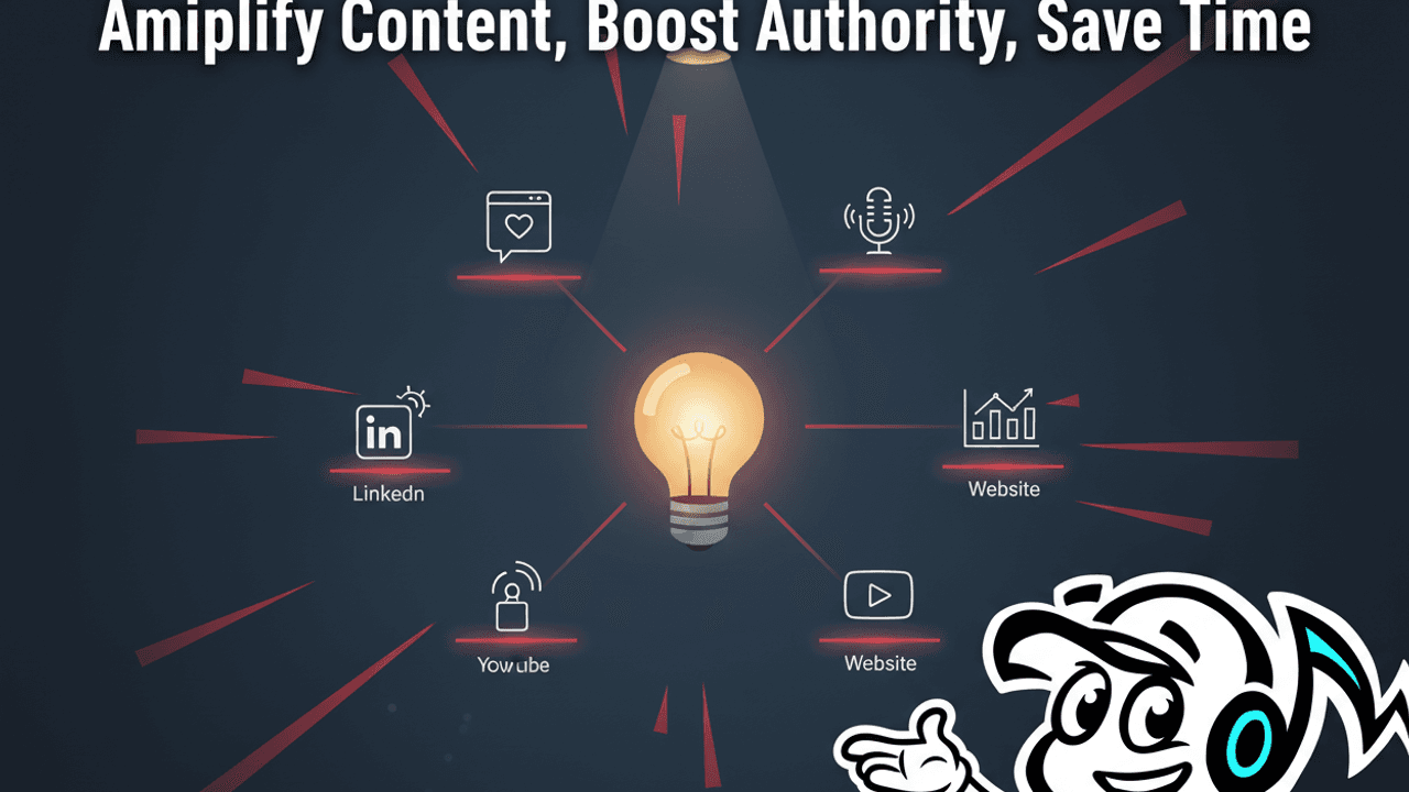 Illustration showing a central piece of content transforming into various digital formats and spreading across multiple platforms, symbolizing content repurposing for maximum reach and efficiency.