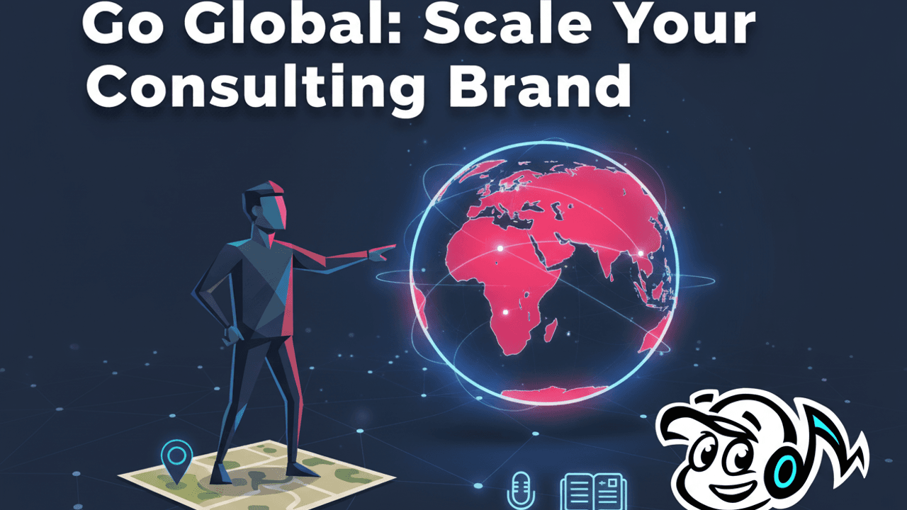 A consultant scales their personal brand from a local map to a global network, symbolizing international expansion and thought leadership.
