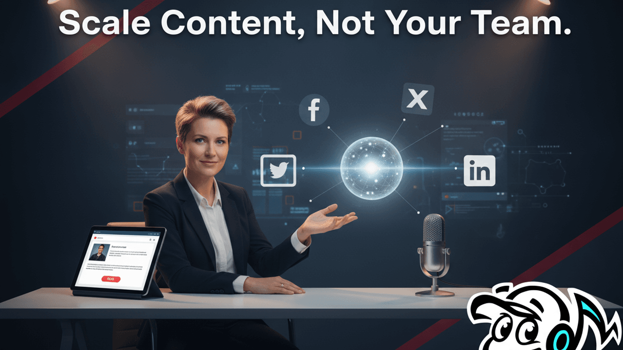 Solo content creator efficiently managing multiple content formats with AI assistance, symbolizing content scaling without a larger team.