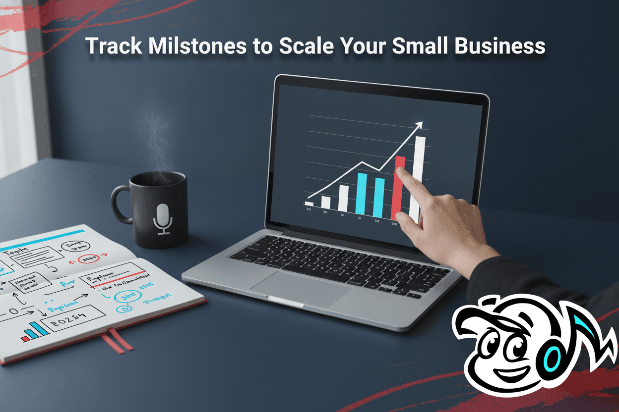 A founder tracking small business growth milestones on a laptop with charts and strategic notes.