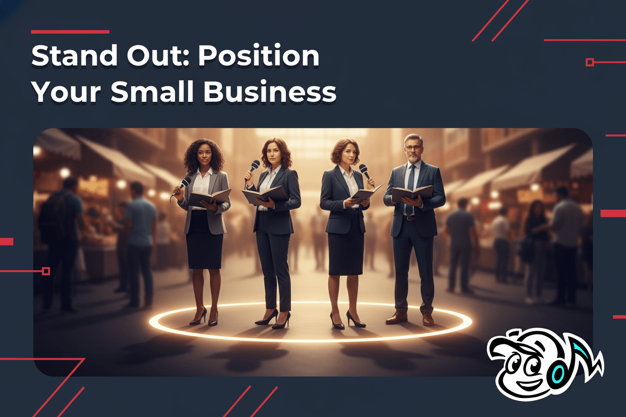 Small business owners and consultants standing out on a platform, symbolizing effective market positioning and differentiation strategy.