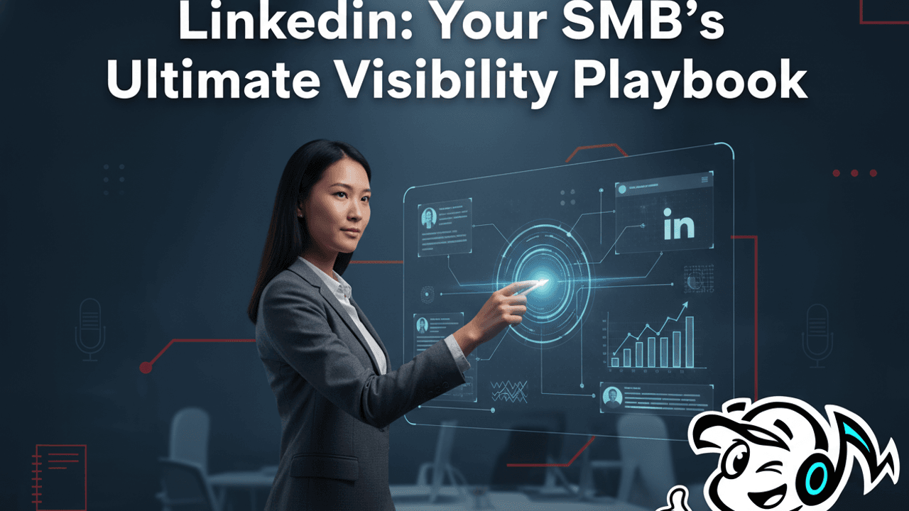 An SMB leader demonstrating strategies for maximizing LinkedIn visibility, with digital growth charts and network connections in the background.