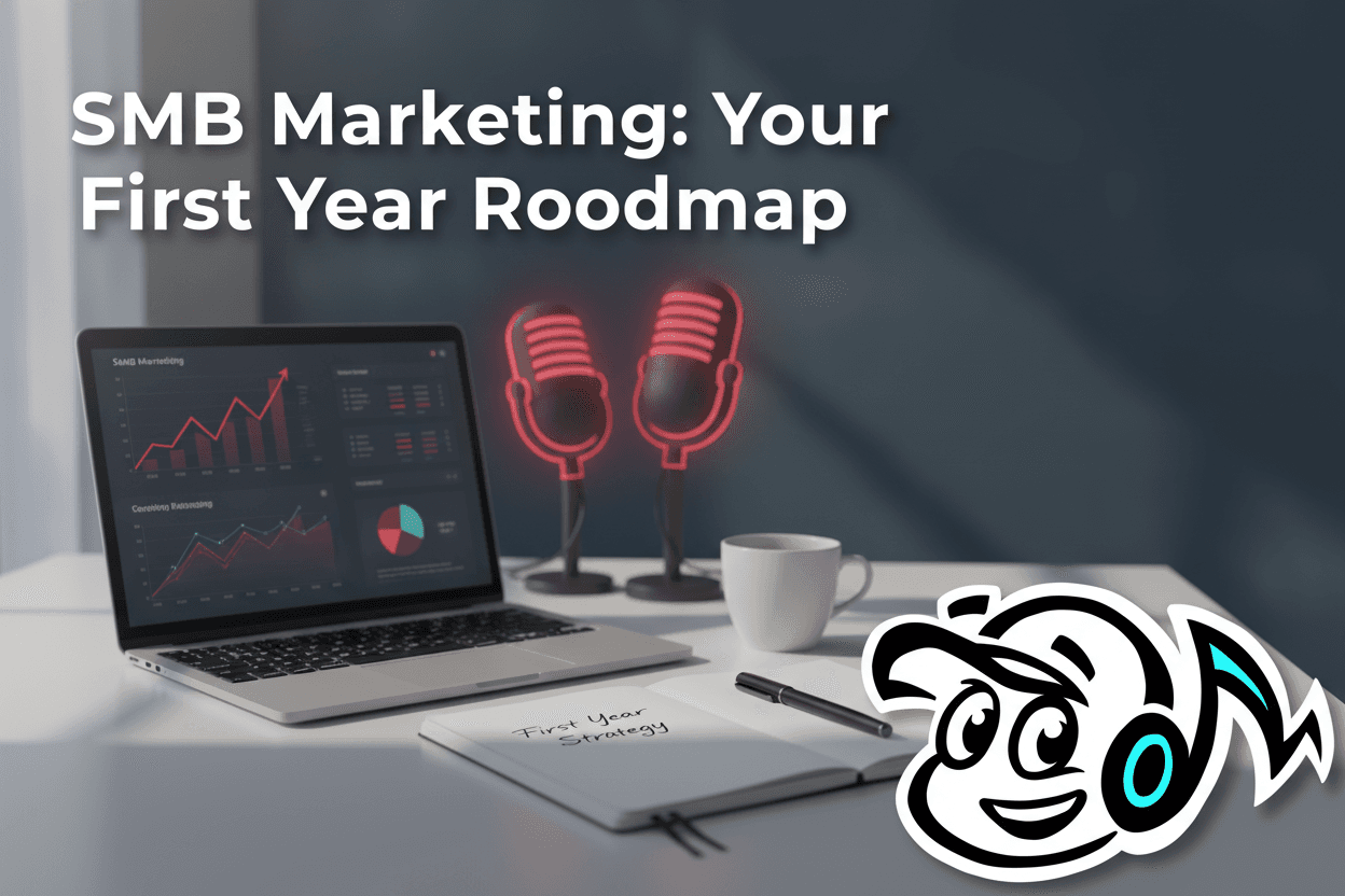 Laptop showing marketing benchmarks and growth charts for an SMB's first year strategy, with a notepad and coffee.