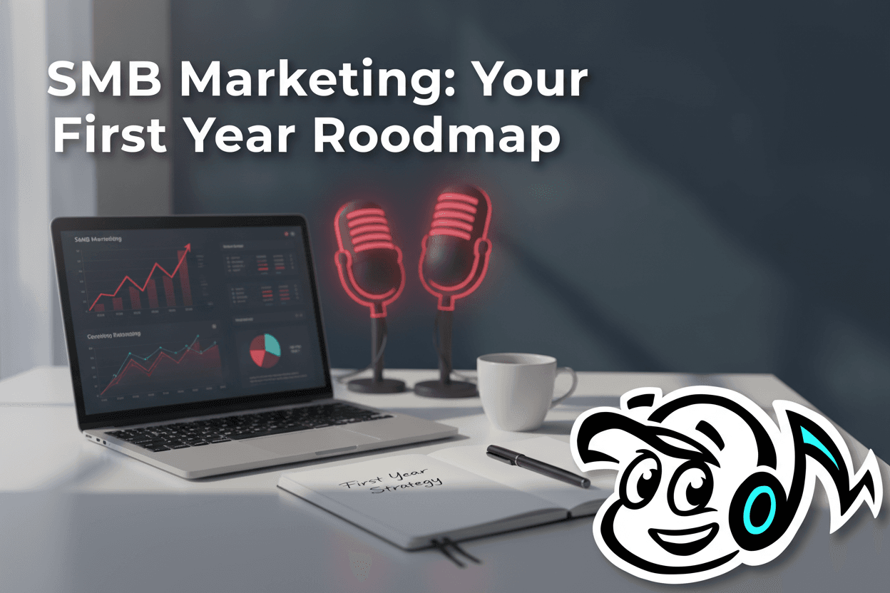 Laptop showing marketing benchmarks and growth charts for an SMB's first year strategy, with a notepad and coffee.