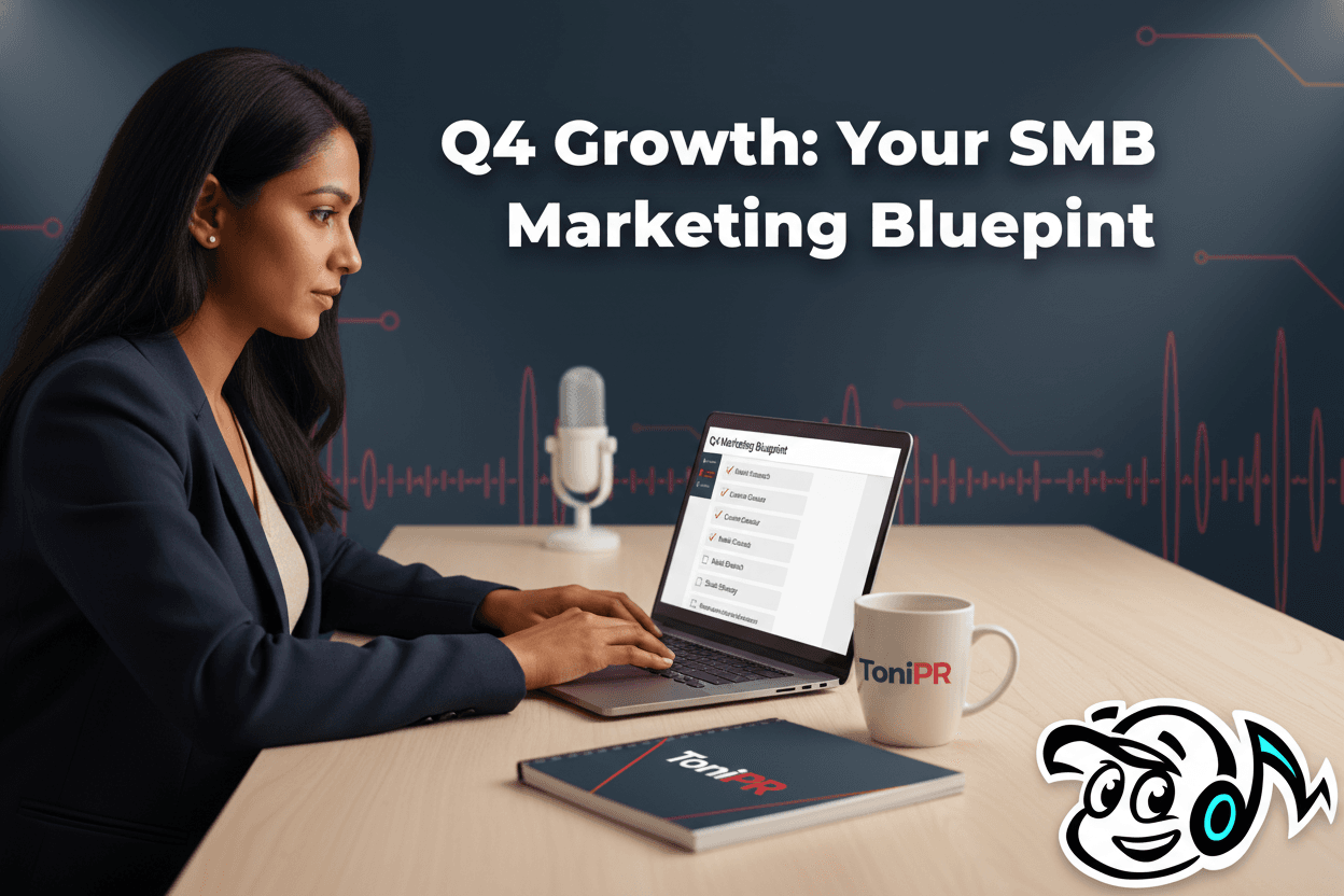 Small business owner reviewing a Q4 marketing checklist on a laptop, symbolizing strategic planning for growth.