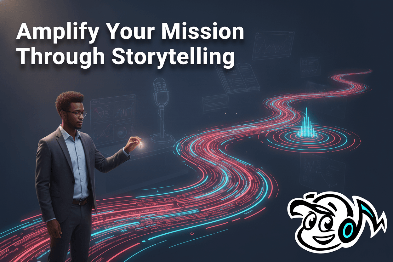 A social entrepreneur connecting their mission idea to social impact through a powerful storytelling narrative, symbolizing strategic communication.