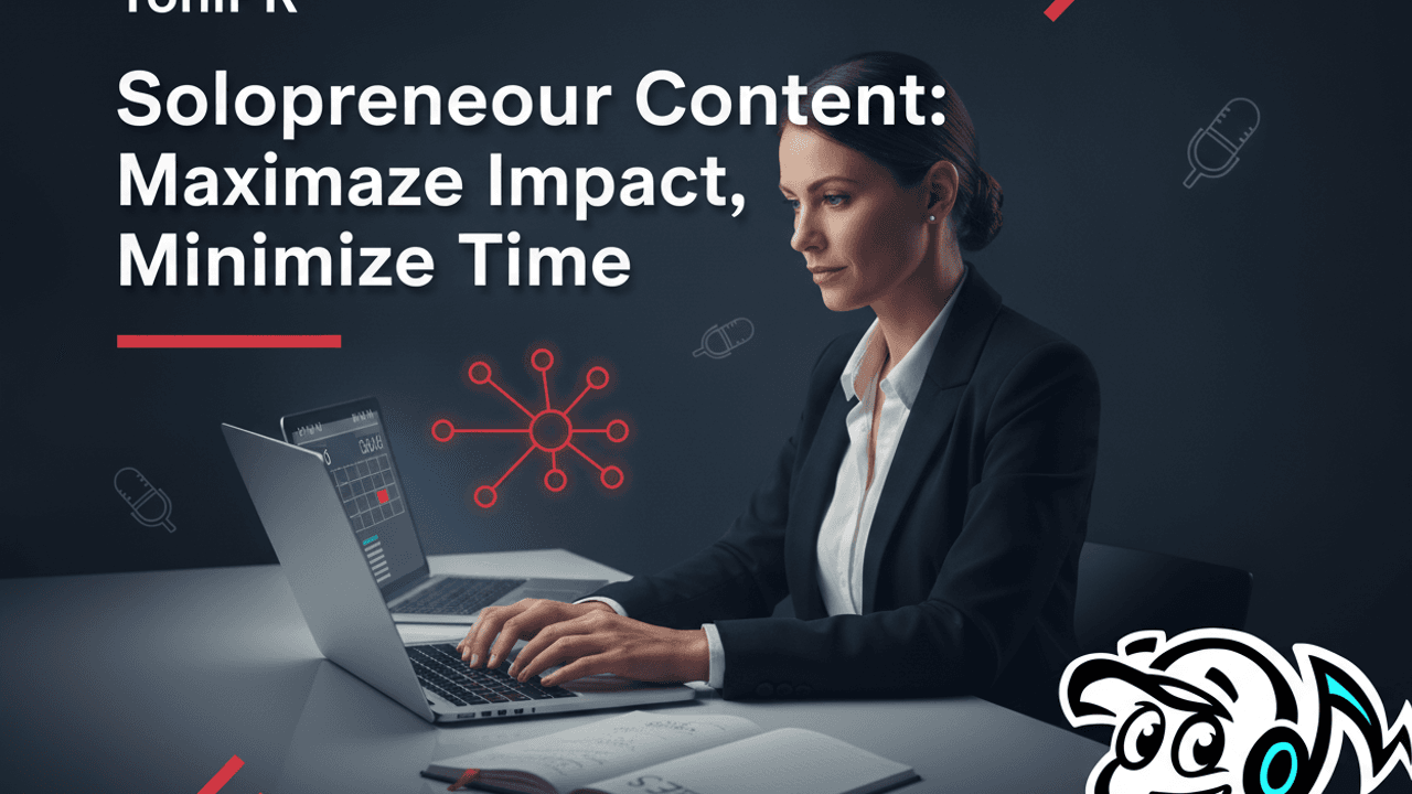 A solopreneur at a desk, strategizing content creation to maximize impact and minimize time.