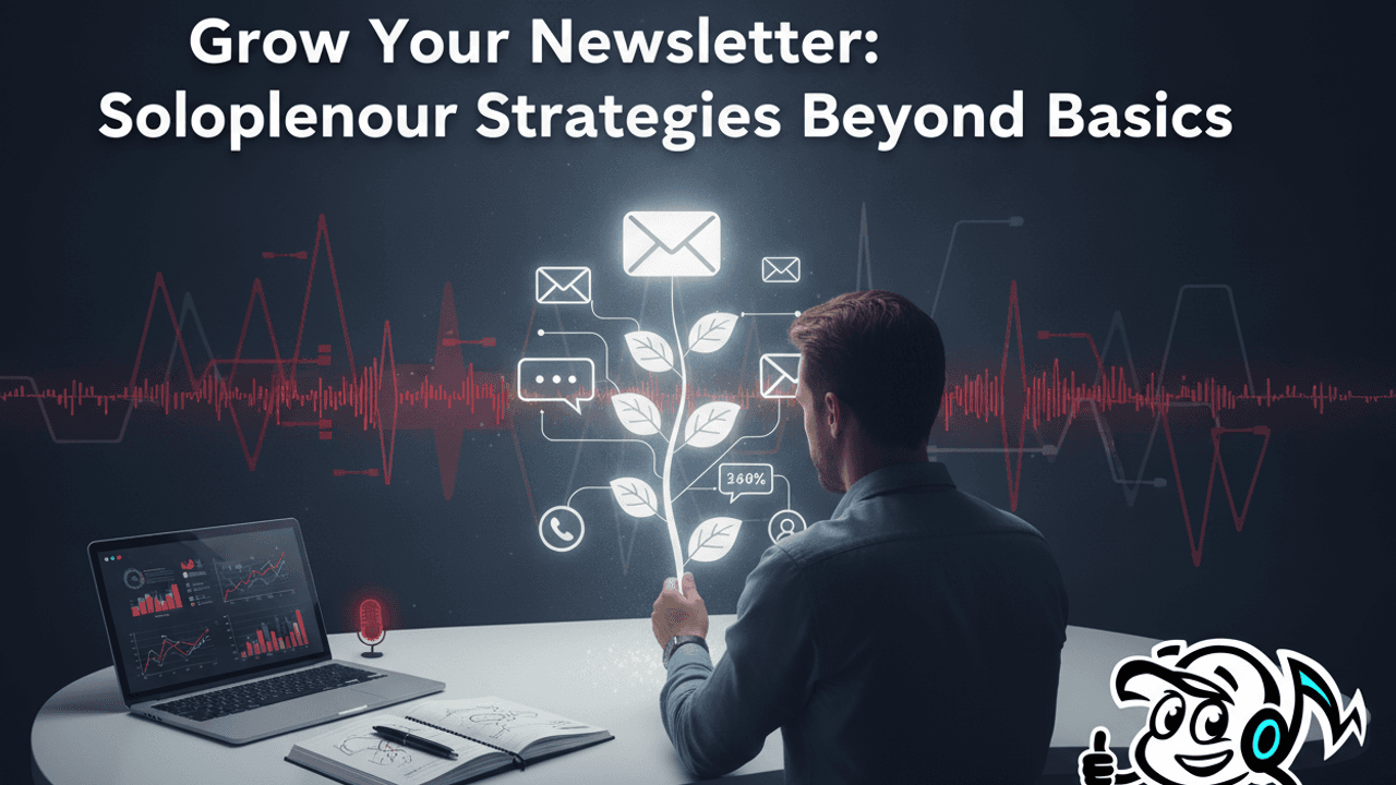 A solopreneur cultivating a digital garden representing a thriving newsletter, with a laptop showing analytics and a notebook, symbolizing strategic growth and engagement.
