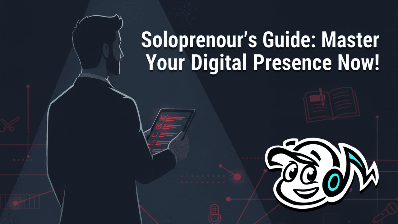 A solopreneur, focused and determined, reviewing a digital checklist on a tablet amidst a backdrop of interconnected digital networks, symbolizing a high-impact online presence.