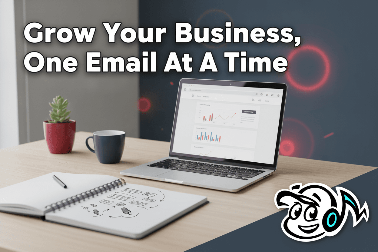A founder or small business owner's desk with a laptop open to an email marketing platform, symbolizing the strategic process of starting a business newsletter for growth.