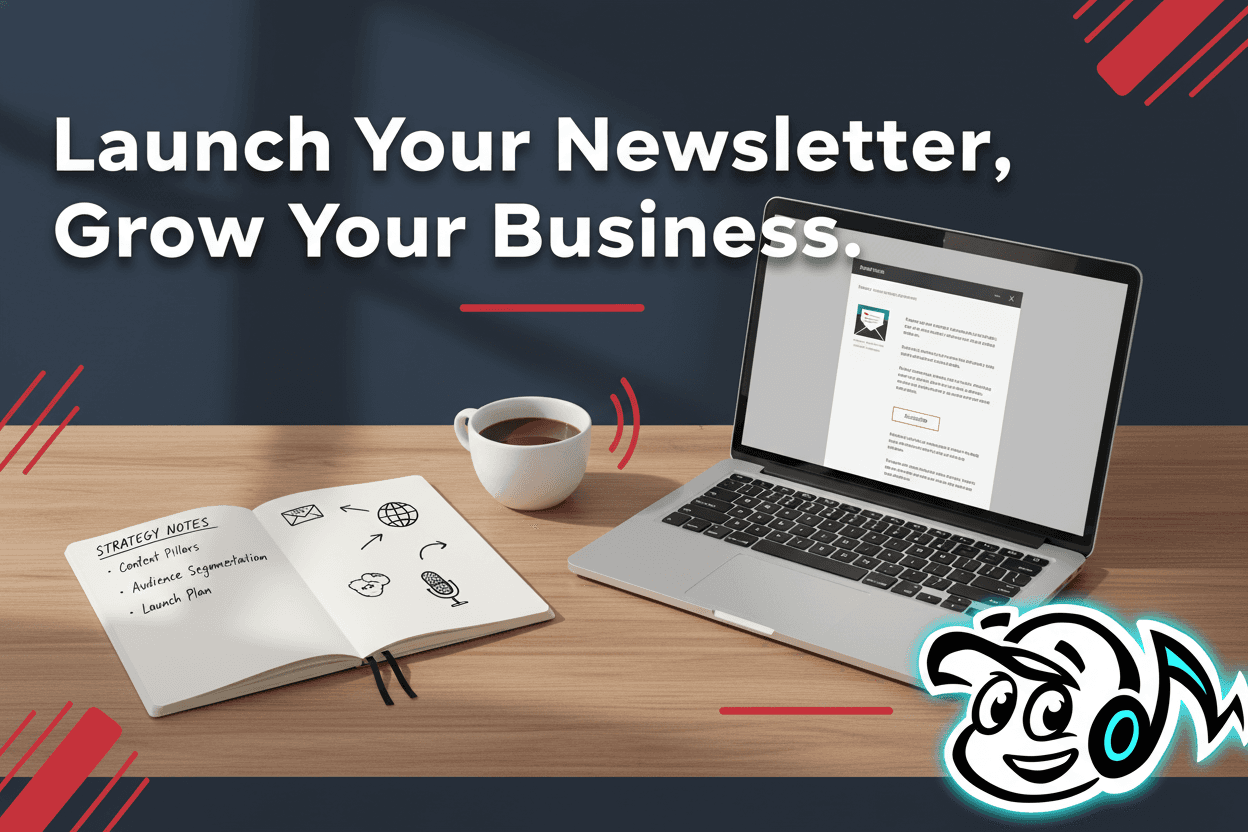 Laptop screen showing a newsletter editor, with a notepad and pen, symbolizing the strategic process of starting a business newsletter.