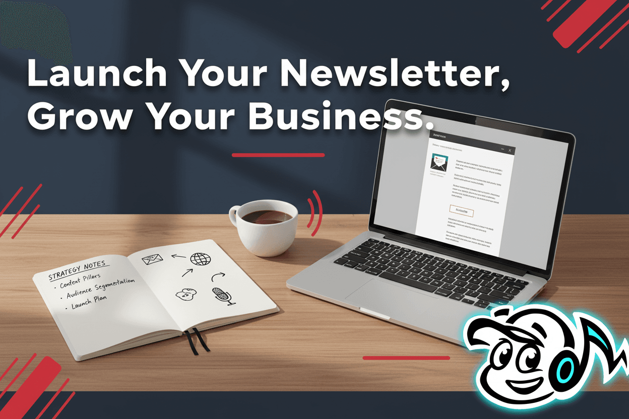 Laptop screen showing a newsletter editor, with a notepad and pen, symbolizing the strategic process of starting a business newsletter.
