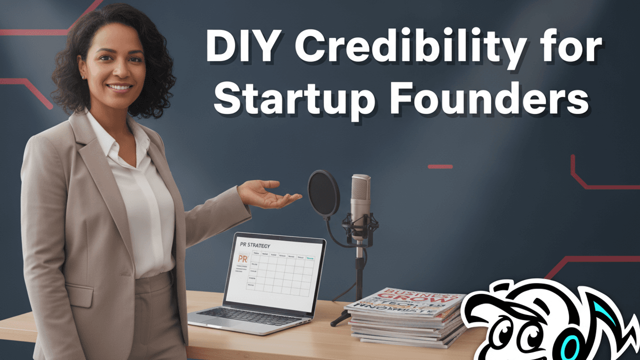 A confident startup founder using DIY PR tools like a laptop and microphone to build credibility and personal brand.