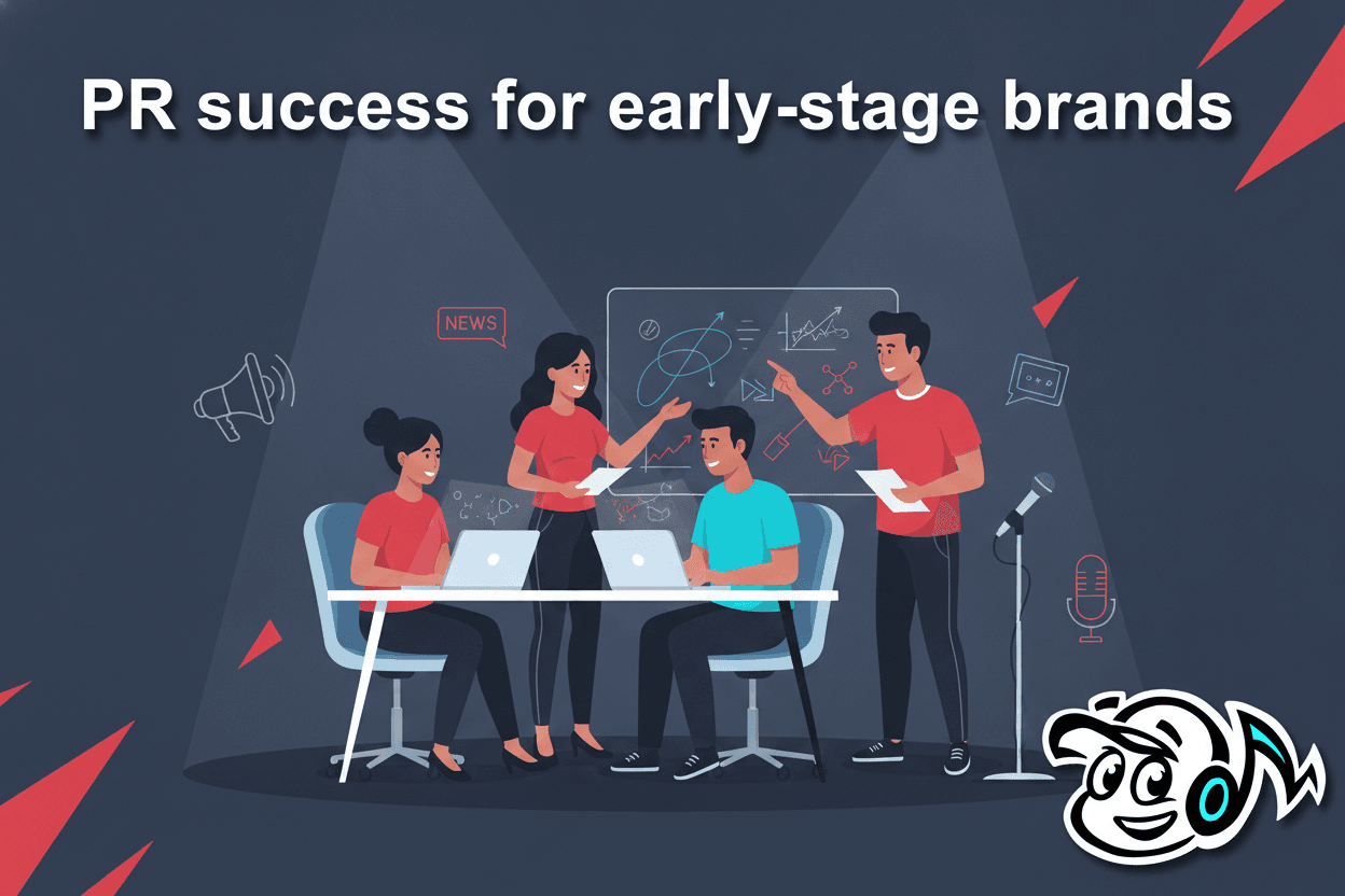 Startup founders collaborating on a PR strategy, using a checklist to guide their media outreach and brand building efforts.