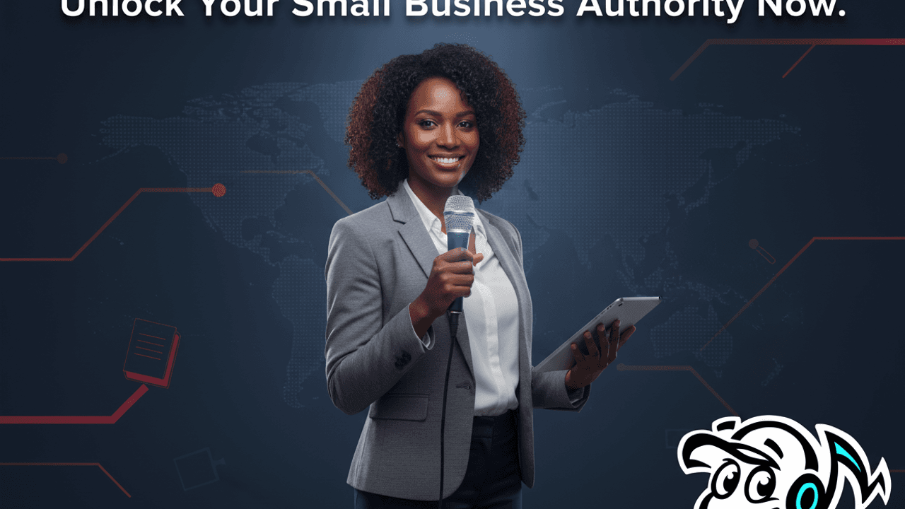 A small business owner confidently presenting an idea amidst a glowing digital network, symbolizing thought leadership and market influence.