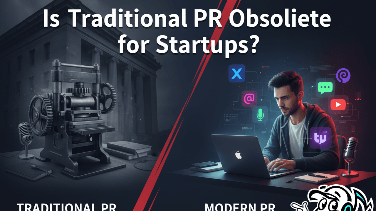 Visual contrast showing traditional PR (old press, formal office) versus modern PR (startup founder with laptop, digital media icons) to illustrate the evolution of media outreach for businesses.