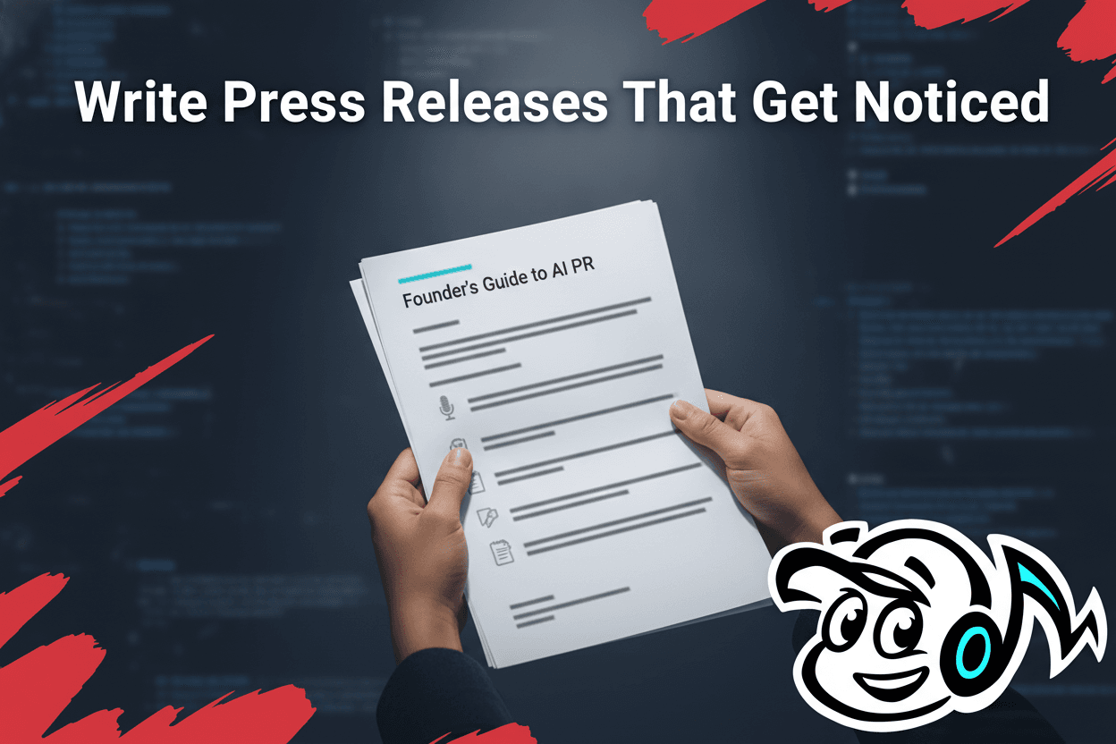 A founder holding a press release document under a spotlight, symbolizing effective communication cutting through digital noise.